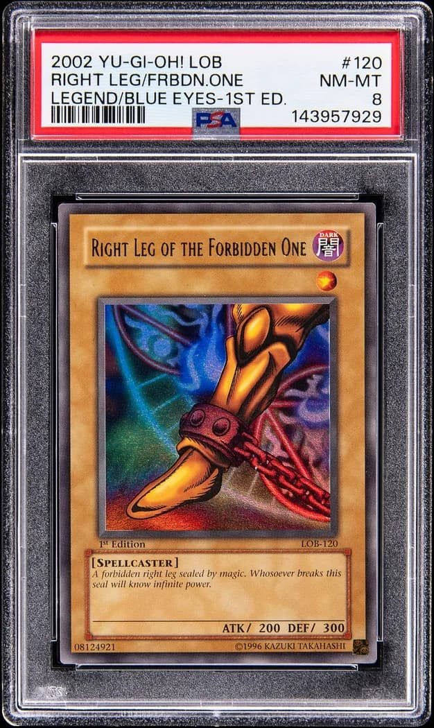 2002 Yu-Gi-Oh! Legend of Blue Eyes White Dragon #LOB-120 Right Leg of the Forbidden One 1st Edition, PSA NM-MT 8 slab front