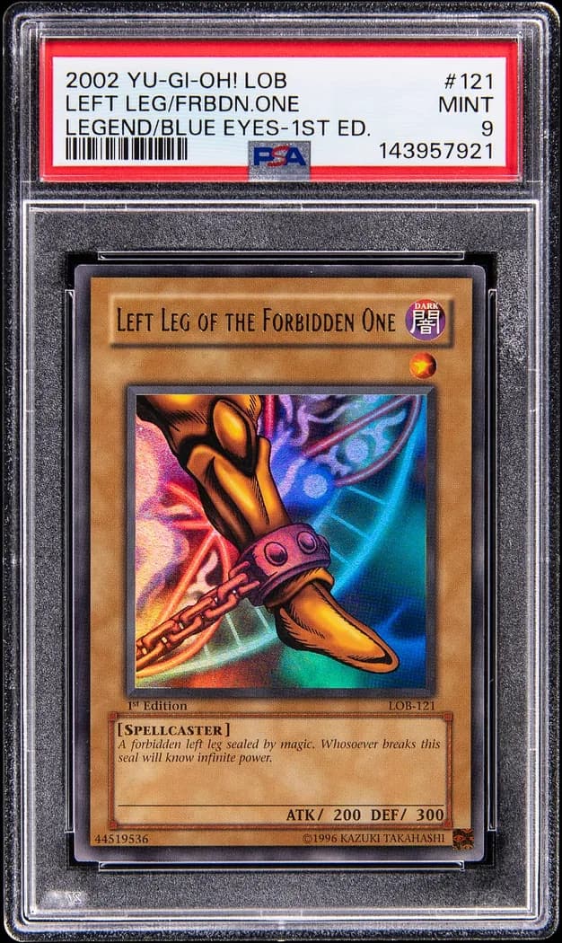 2002 Yu-Gi-Oh! Legend of Blue Eyes White Dragon #LOB-121 Left Leg of the Forbidden One 1st Edition, PSA MINT 9 slab front