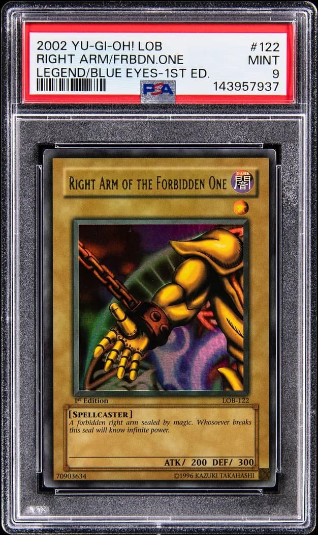 2002 Yu-Gi-Oh! Legend of Blue Eyes White Dragon #LOB-122 Right Arm of the Forbidden One 1st Edition, PSA MINT 9 slab front
