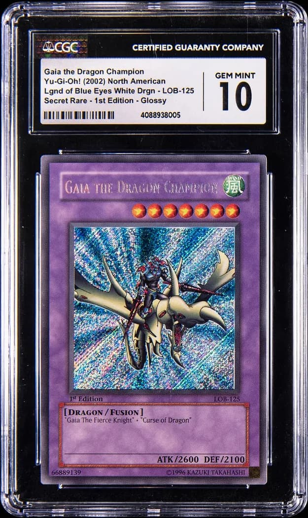 2002 Yu-Gi-Oh! Legend of Blue Eyes White Dragon #LOB-125 Gaia the Dragon Champion 1st Edition, CGC GEM MINT 10 slab front