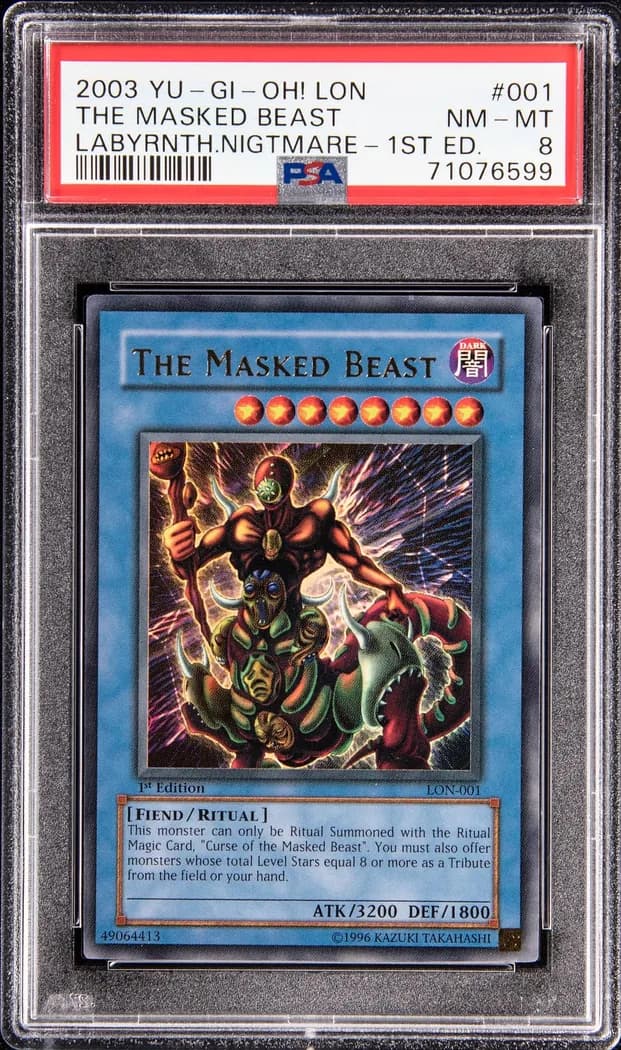 2003 Yu-Gi-Oh! Labyrinth of Nightmare #LON-001 The Masked Beast 1st Edition, PSA NM-MT 8 slab front