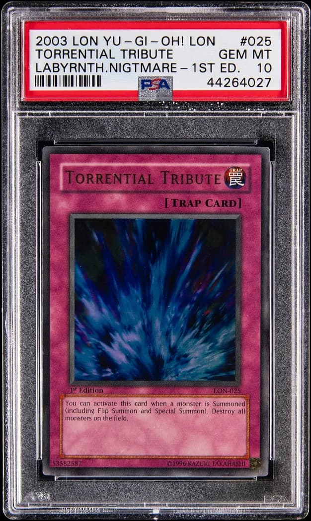 2003 Yu-Gi-Oh! Labyrinth of Nightmare #LON-025 Torrential Tribute 1st Edition, PSA GEM MT 10 slab front