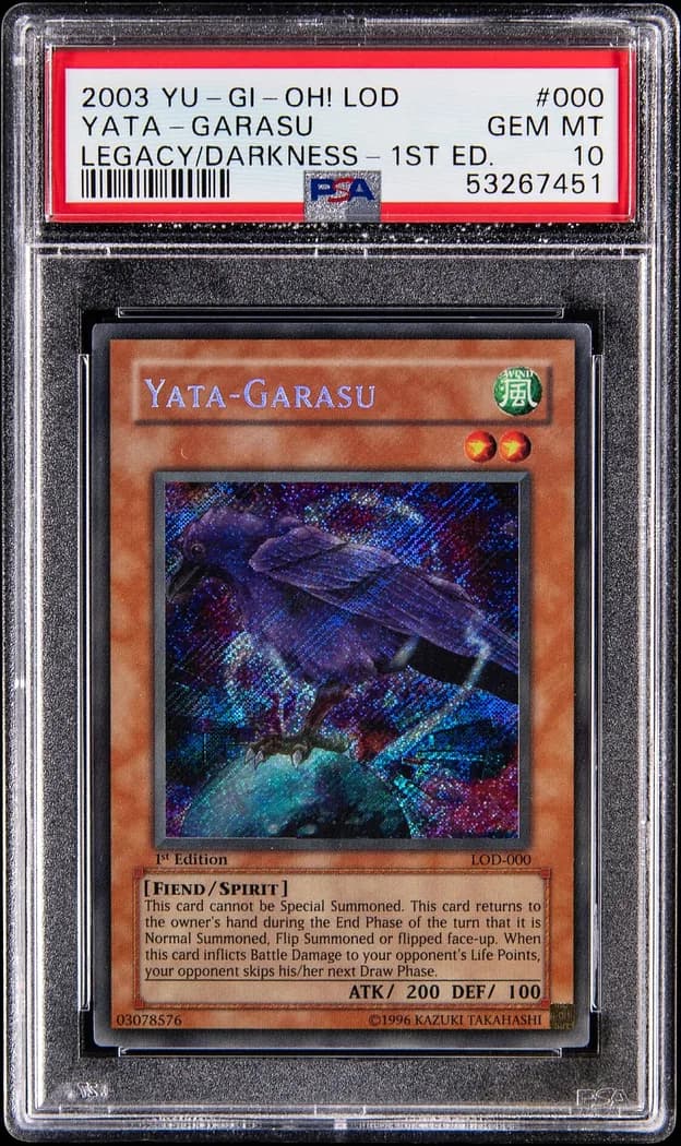 2003 Yu-Gi-Oh! Legacy of Darkness #LOD-000 Yata-Garasu 1st Edition, PSA GEM MT 10 slab front