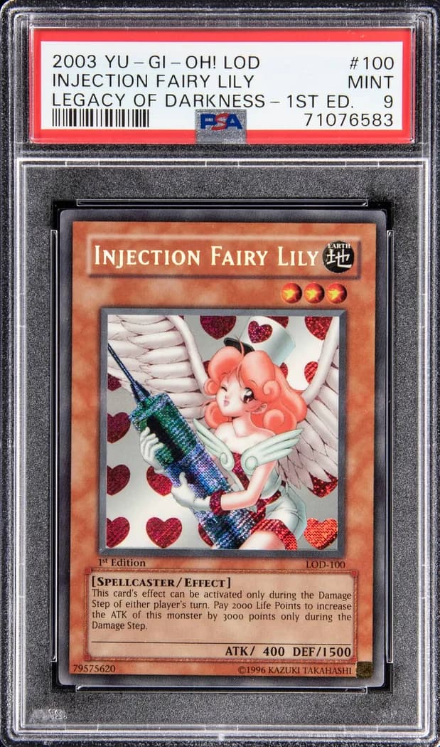 2003 Yu-Gi-Oh! Legacy of Darkness #LOD-100 Injection Fairy Lily 1st Edition, PSA MINT 9 slab front