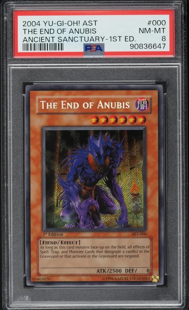 2004 Yu-Gi-Oh! Ancient Sanctuary #AST-000 The End of Anubis 1st Edition, PSA 8 slab front