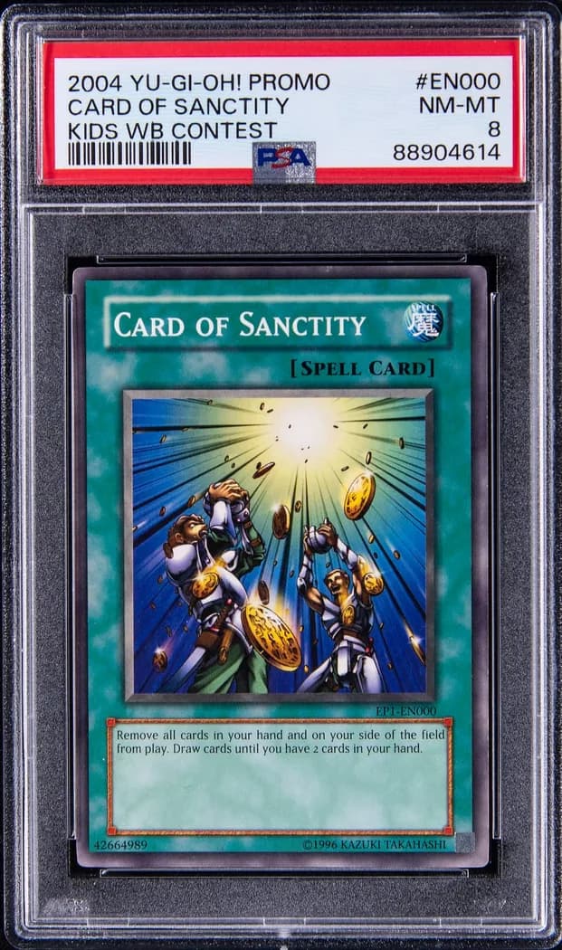 2004 Yu-Gi-Oh! Kids' WB! Duel of Destiny promotional card #EP1-EN000 Card of Sanctity Unlimited, PSA NM-MT 8 slab front