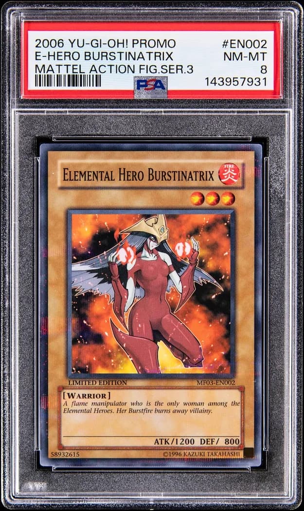 2006 Yu-Gi-Oh! Mattel Action Figure promotional cards: Series 3 #MF03-EN002 Elemental HERO Burstinatrix Limited Edition, PSA NM-MT 8 slab front