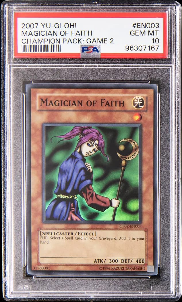 2007 Yu-Gi-Oh! Champion Pack: Game Two #CP02-EN003 Magician of Faith Unlimited, PSA GEM MT 10 slab front