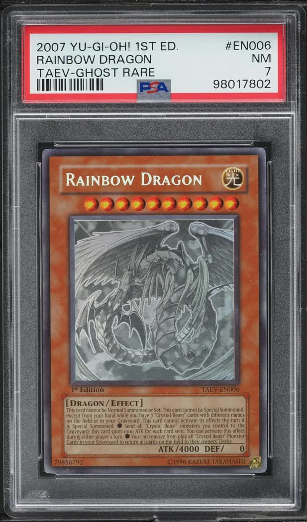 2007 Yu-Gi-Oh! Tactical Evolution #TAEV-EN006 Rainbow Dragon 1st Edition, PSA 7 slab front