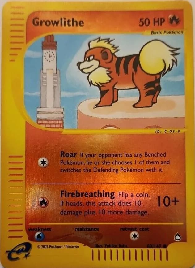Growlithe reverse holo card front, Aquapolis 80/147