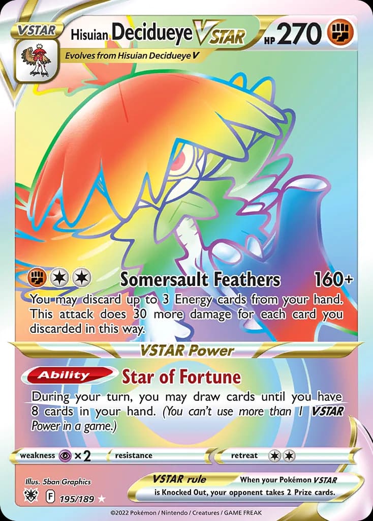 Hisuian Decidueye VSTAR card front, Astral Radiance 195/189