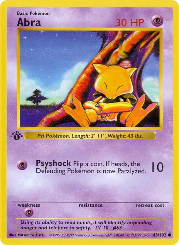 1st Edition Abra card front, Base Set 43/102