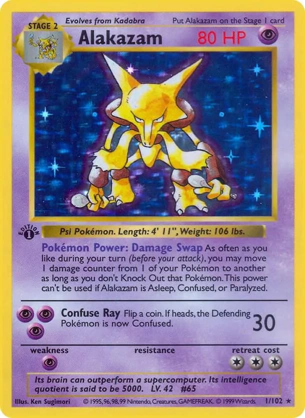 1st Edition Alakazam card front, Base Set 1/102
