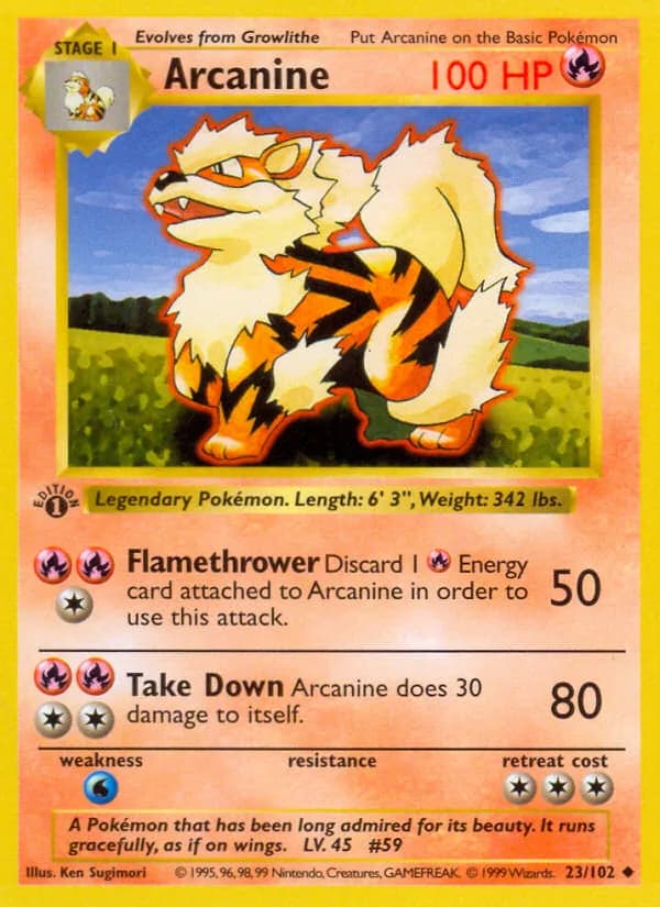 1st Edition Arcanine card front, Base Set 23/102