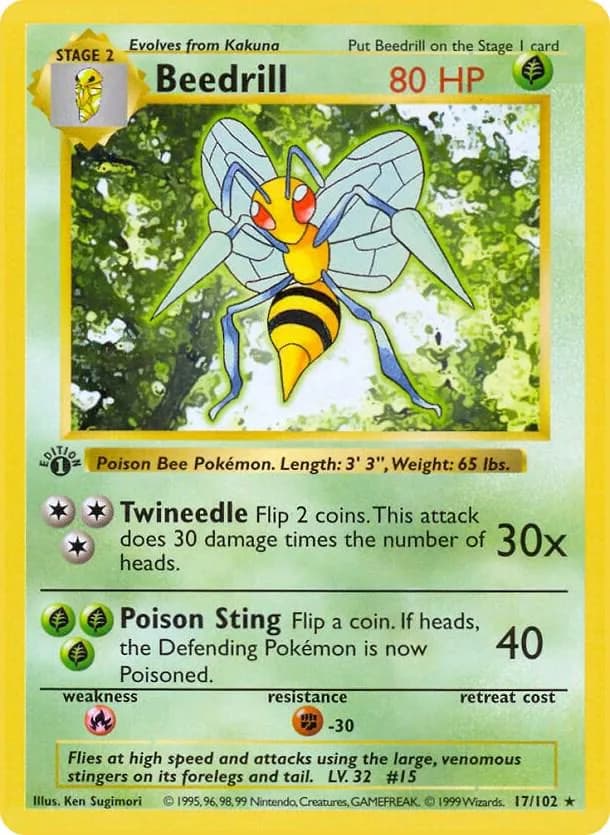 1st Edition Beedrill card front, Base Set 17/102