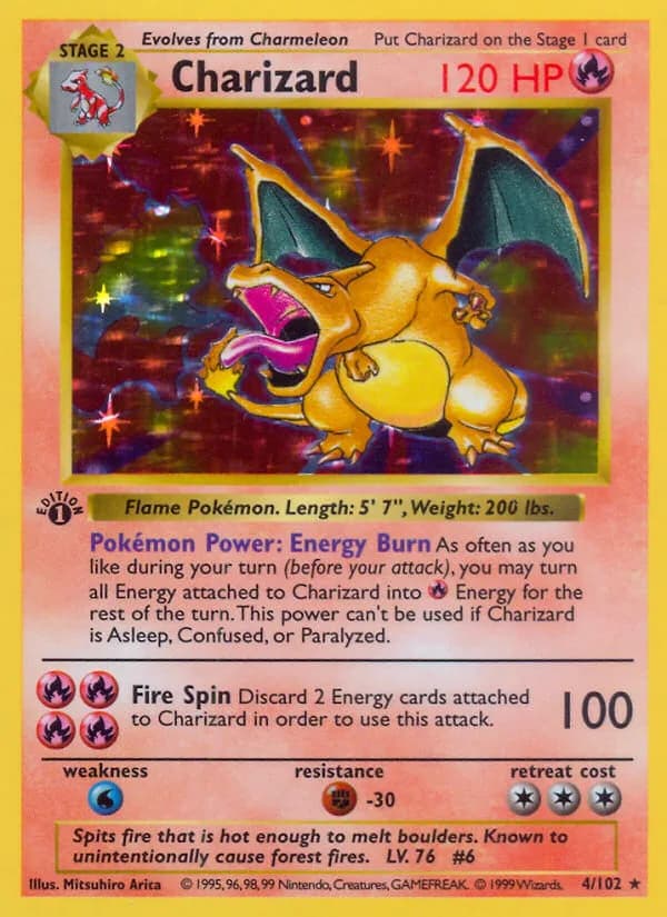 1st Edition Base Set Charizard card front, 4/102