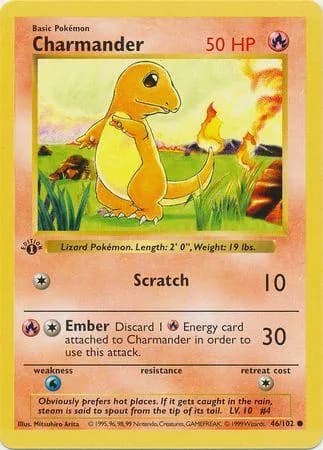 1st Edition Charmander card front, Base Set 46/102