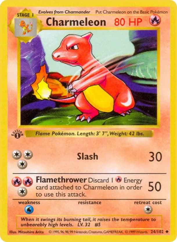 1st Edition Charmeleon card front, Base Set 24/102