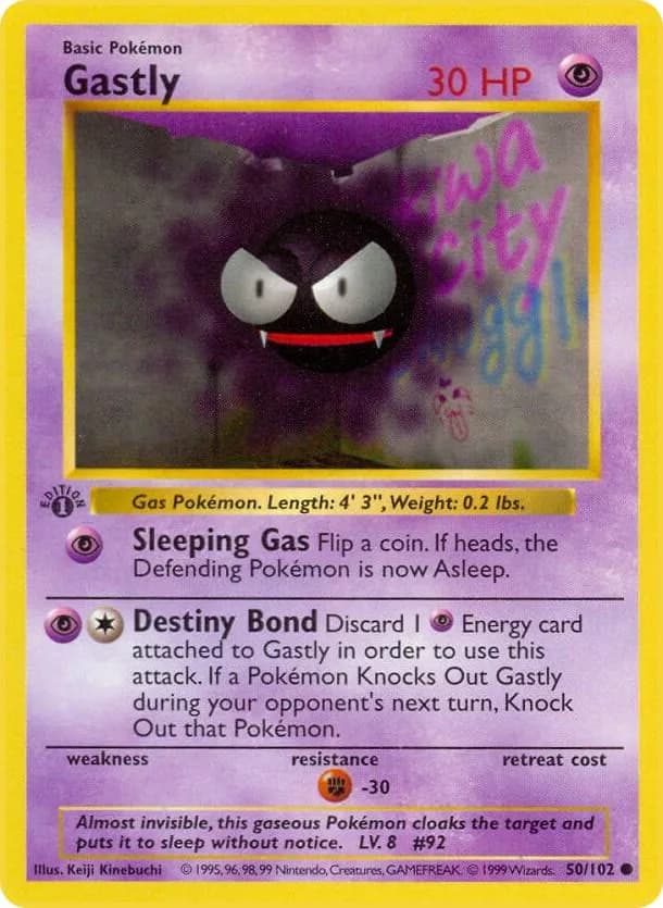 1st Edition Gastly card front, Base Set 50/102