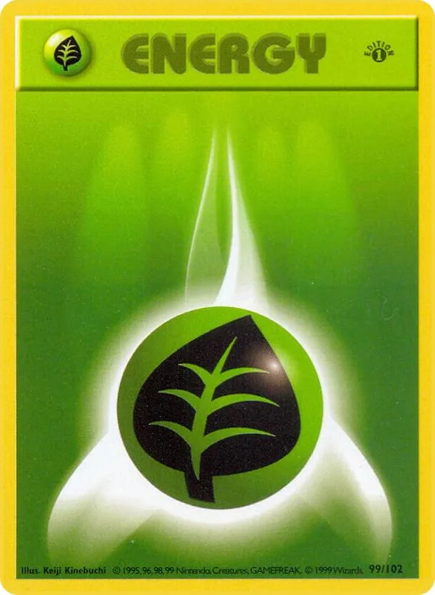 1st Edition Grass Energy card front, Base Set 99/102