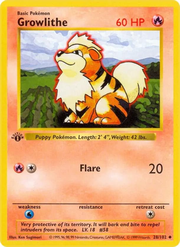 1st Edition Growlithe card front, Base Set 28/102