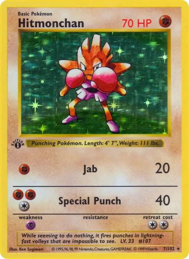 1st Edition Hitmonchan card front, Base Set 7/102
