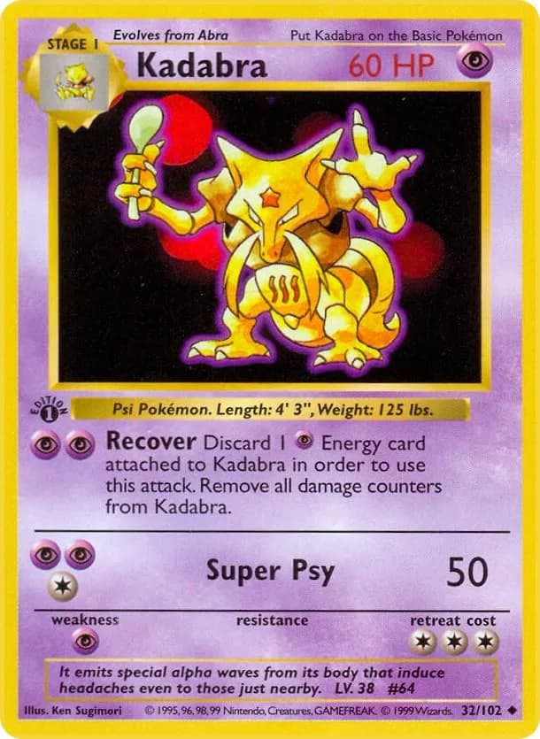 1st Edition Kadabra card front, Base Set 32/102