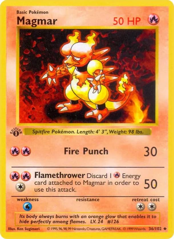 1st Edition Magmar card front, Base Set 36/102