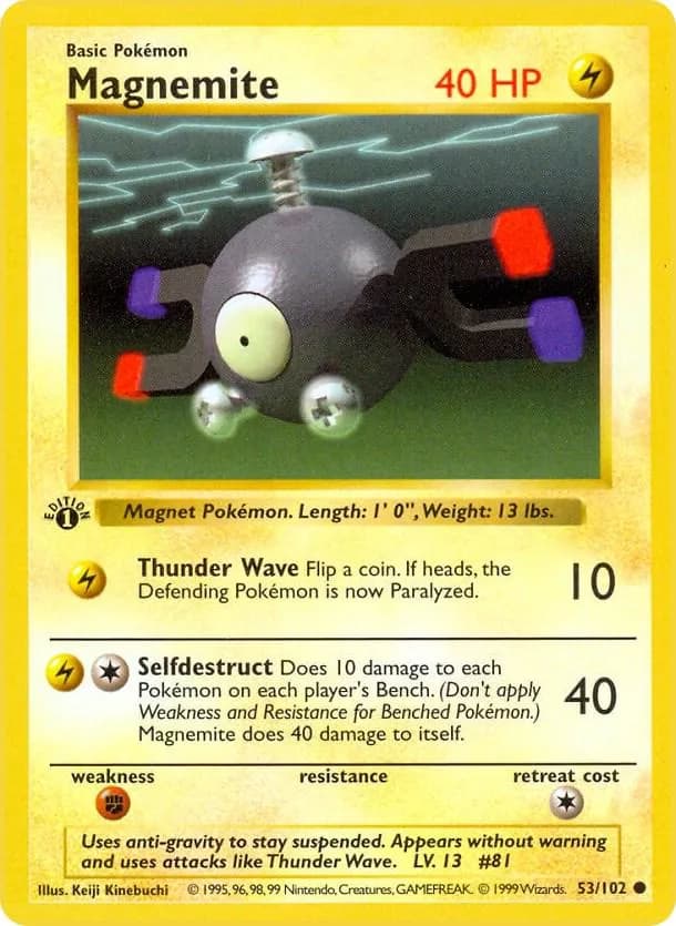 1st Edition Magnemite card front, Base Set 53/102