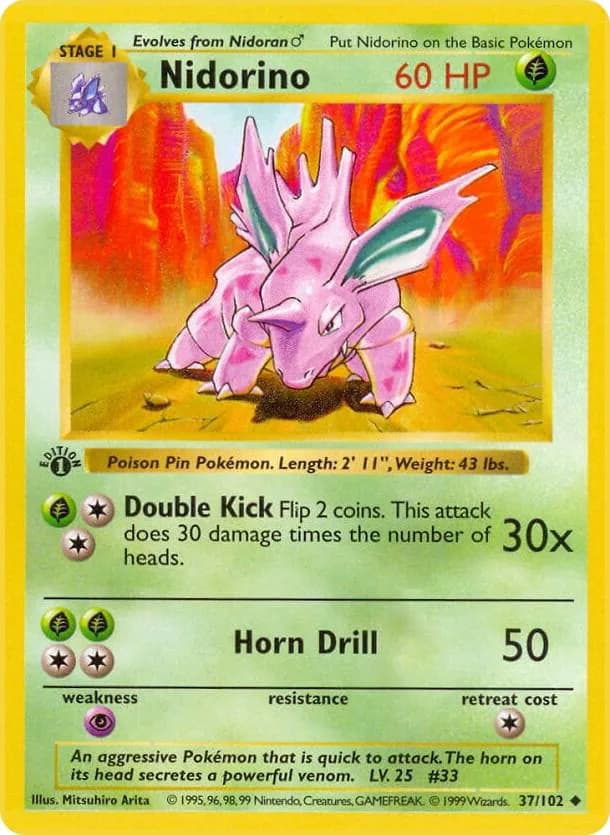 1st Edition Nidorino card front, Base Set 37/102