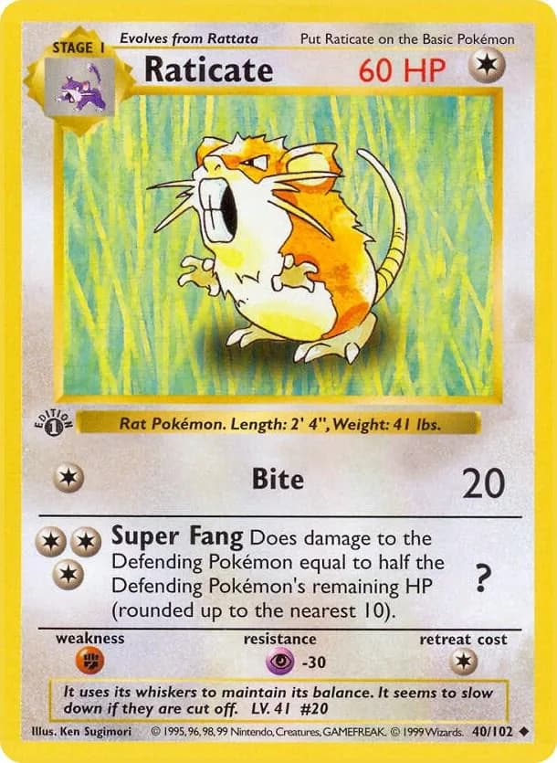 1st Edition Raticate card front, Base Set 40/102