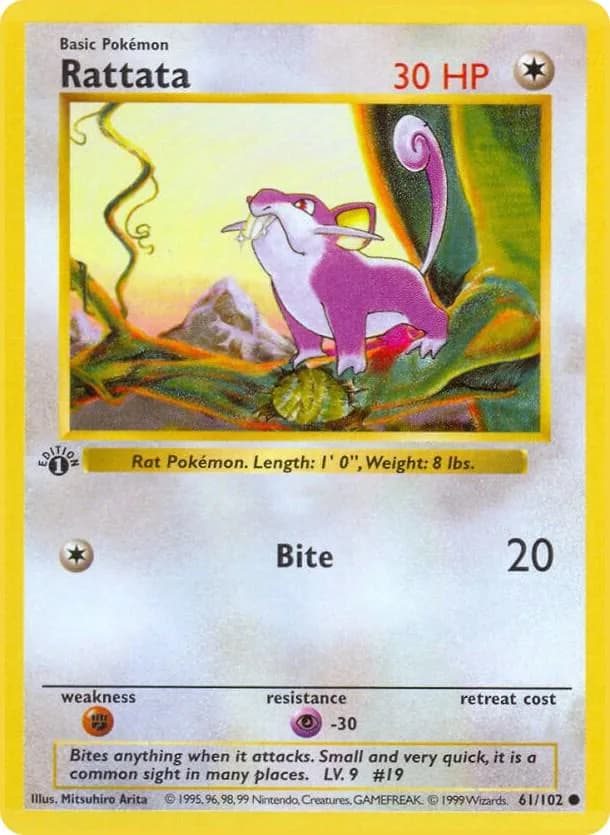 1st Edition Rattata card front, Base Set 61/102