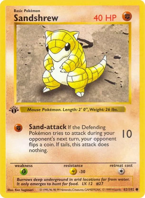 1st Edition Sandshrew card front, Base Set 62/102