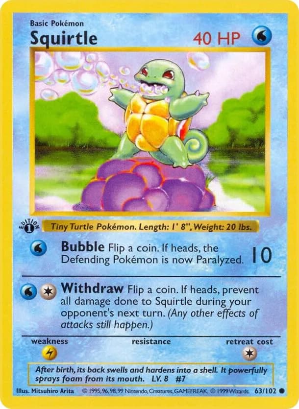 1st Edition Squirtle card front, Base Set 63/102