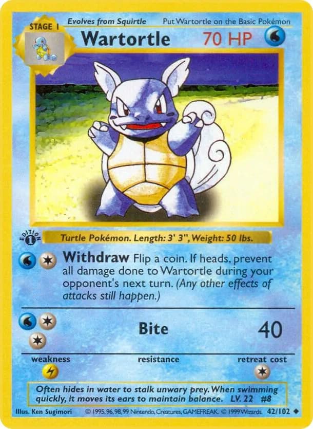 1st Edition Wartortle card front, Base Set 42/102