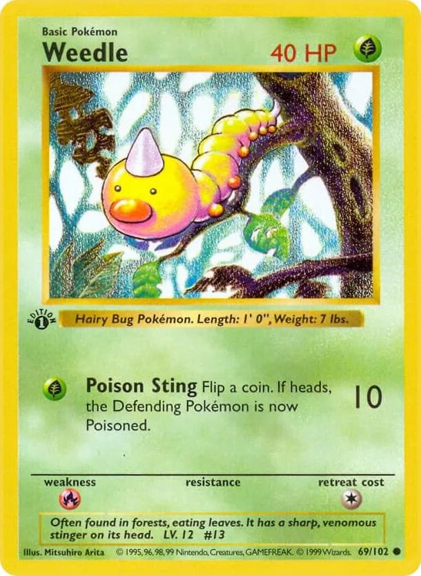1st Edition Weedle card front, Base Set 69/102