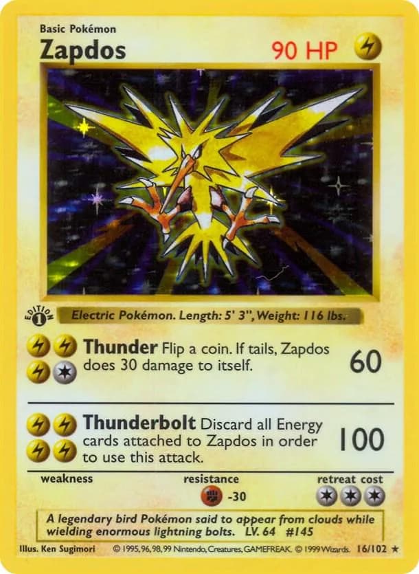 1st Edition Zapdos card front, Base Set 16/102