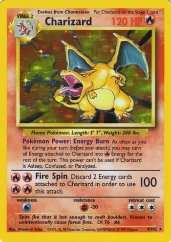Shadowless Base Set Charizard card front, 4/102