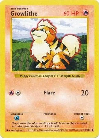 Shadowless Growlithe card front, Base Set 28/102