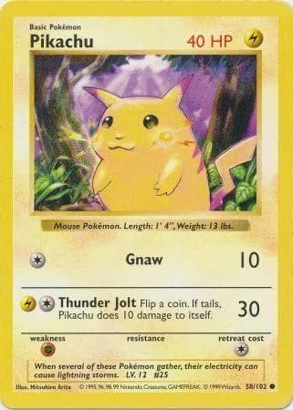 Shadowless Pikachu card front, Base Set 58/102