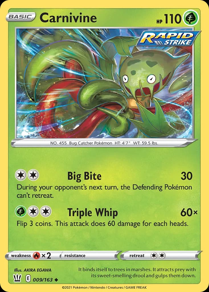 Carnivine, Battle Styles 9/163, English non-holo base-card reference; reverse-holo finish is not shown