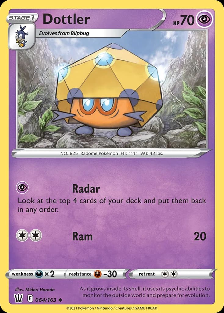 Dottler, Battle Styles 64/163, English non-holo base-card reference; reverse-holo finish is not shown