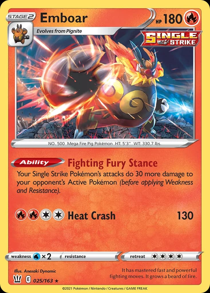 Emboar, Battle Styles 25/163, English holo base-card reference; reverse-holo finish is not shown