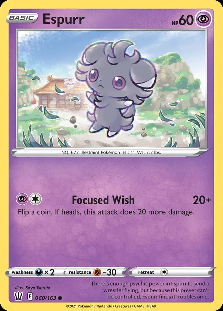 Espurr, Battle Styles 60/163, English non-holo base-card reference; reverse-holo finish is not shown