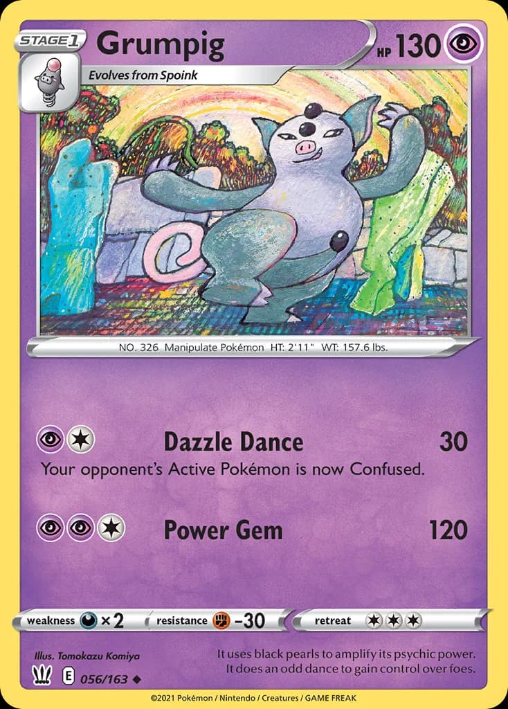 Grumpig, Battle Styles 56/163, English non-holo base-card reference; reverse-holo finish is not shown