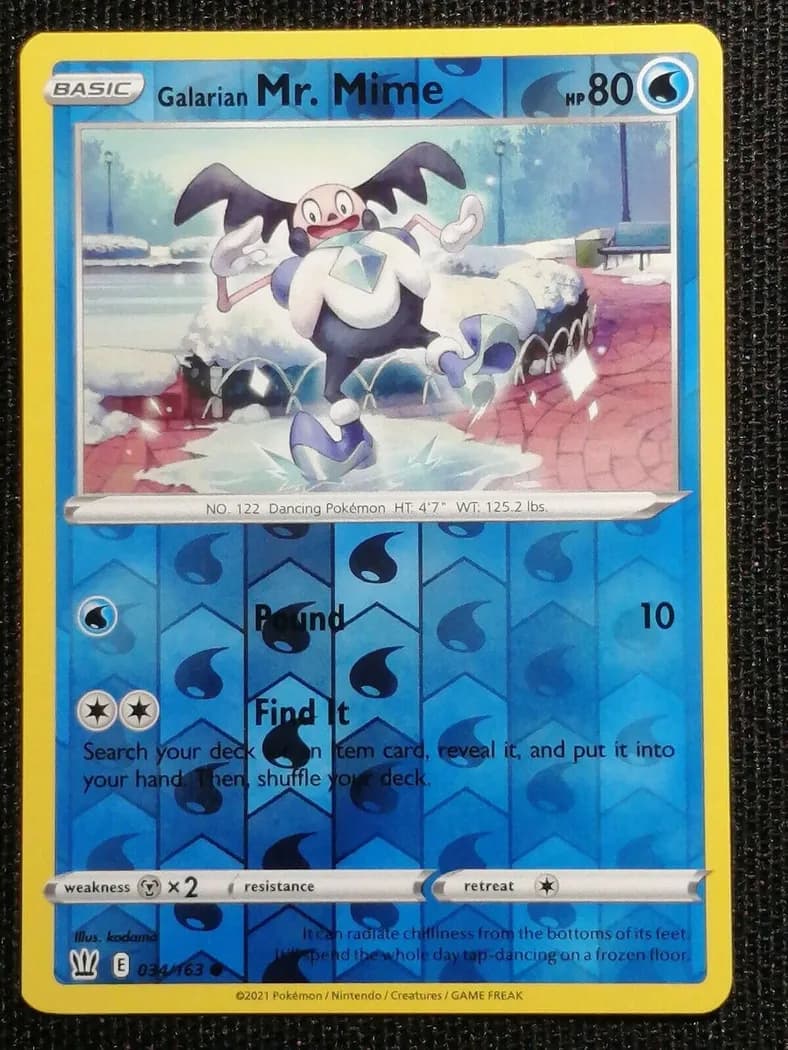 Galarian Mr. Mime reverse holo card front, Battle Styles 34/163
