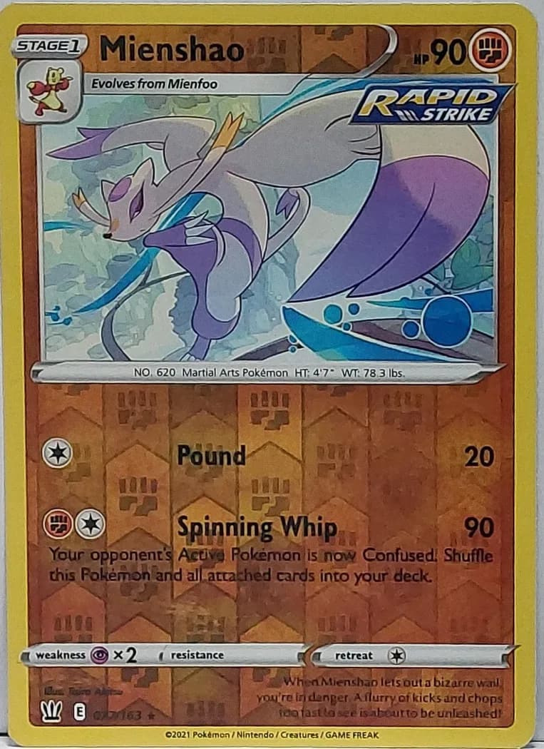 Mienshao reverse holo card front, Battle Styles 77/163