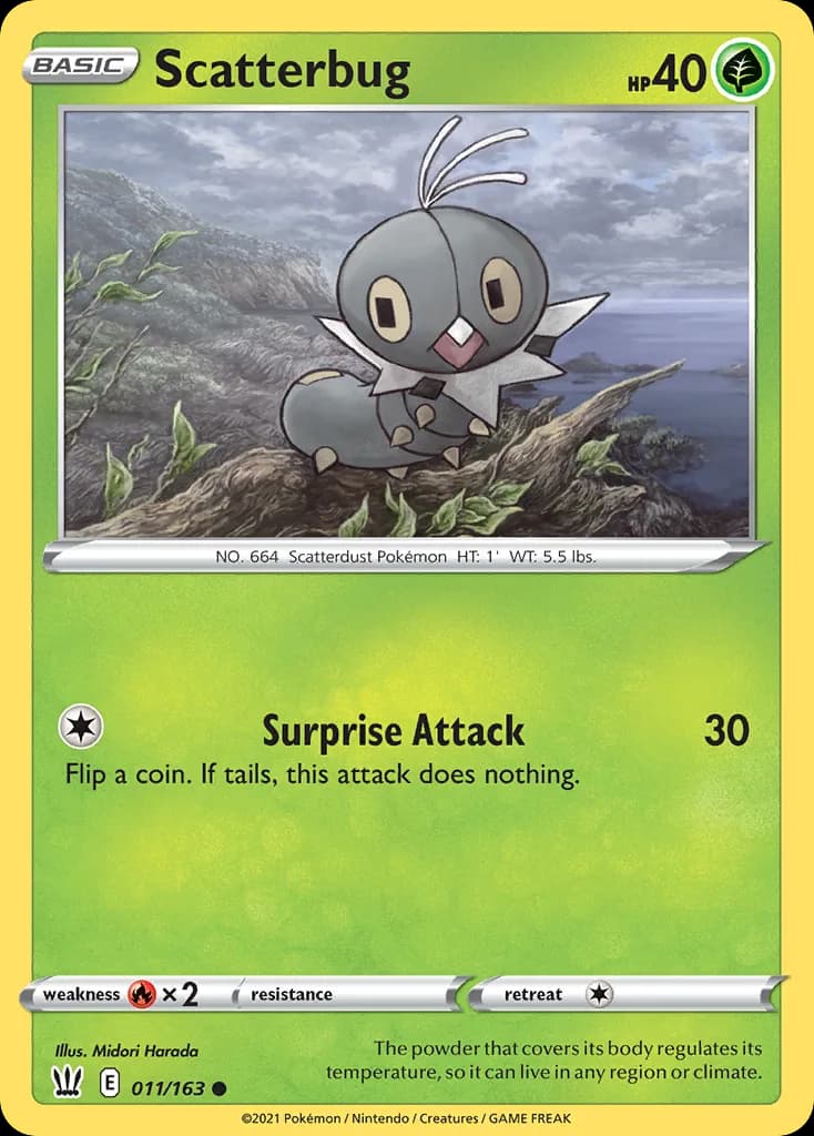 Scatterbug, Battle Styles 11/163, English non-holo base-card reference; reverse-holo finish is not shown