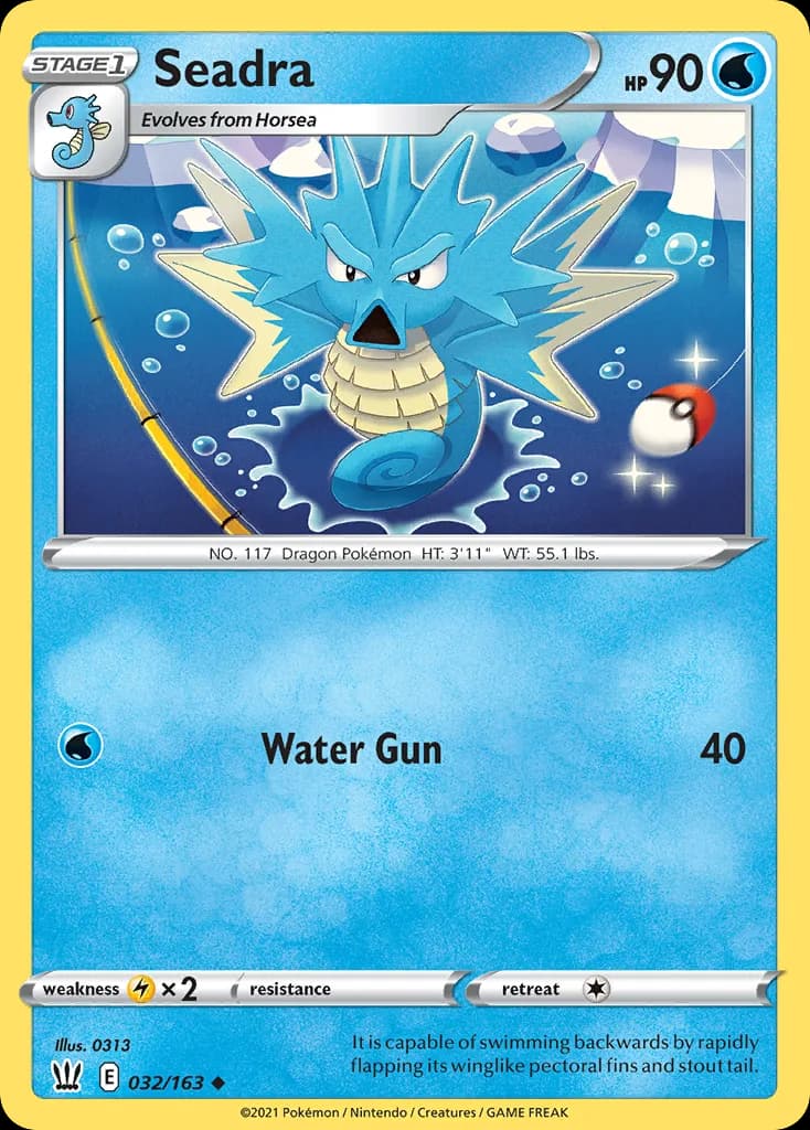Seadra, Battle Styles 32/163, English non-holo base-card reference; reverse-holo finish is not shown