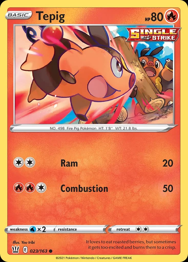 Tepig, Battle Styles 23/163, English non-holo base-card reference; reverse-holo finish is not shown